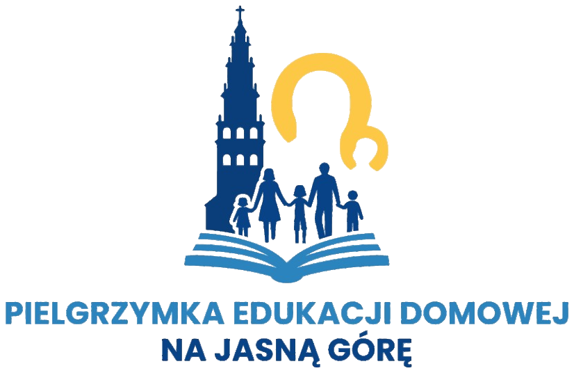 Pielgrzymka Edukacji Domowej na Jasną Górę - wieża jasnogórska,
                rodzina idąca po otwartej księdze